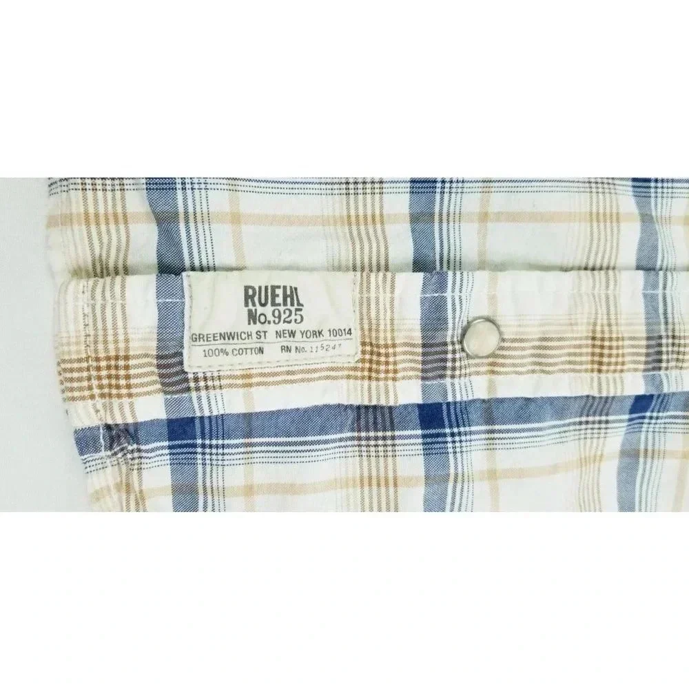 Ruehl No. 925 Size Medium Men's Vanilla Tan Gray Plaid Western Pearl Snap Shirt - Picture 7 of 10
